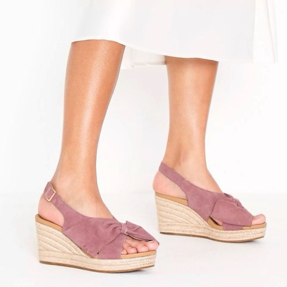 UGG Camilla 1100976 Pink Dawn Suede Wedge Espadrille Sandals with Bow size 7.5